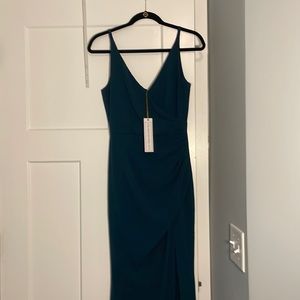 NWT Dress the Population Jordan gown in pine (dark green), size XS